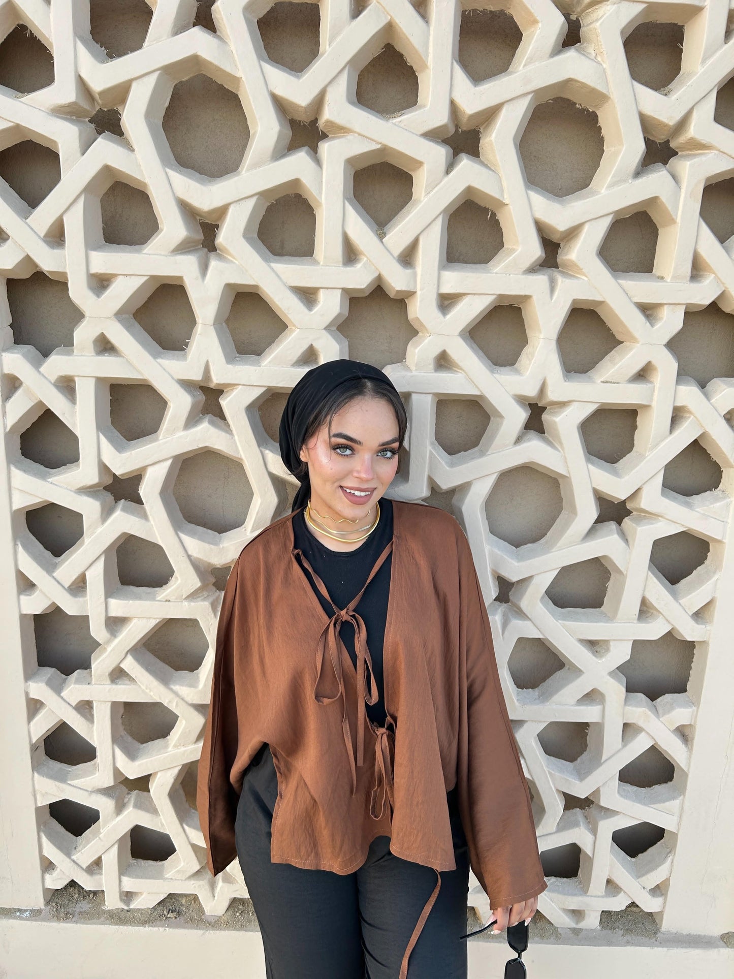 Flowy Kimono Top with Tie Front – Soft Caramel Brown