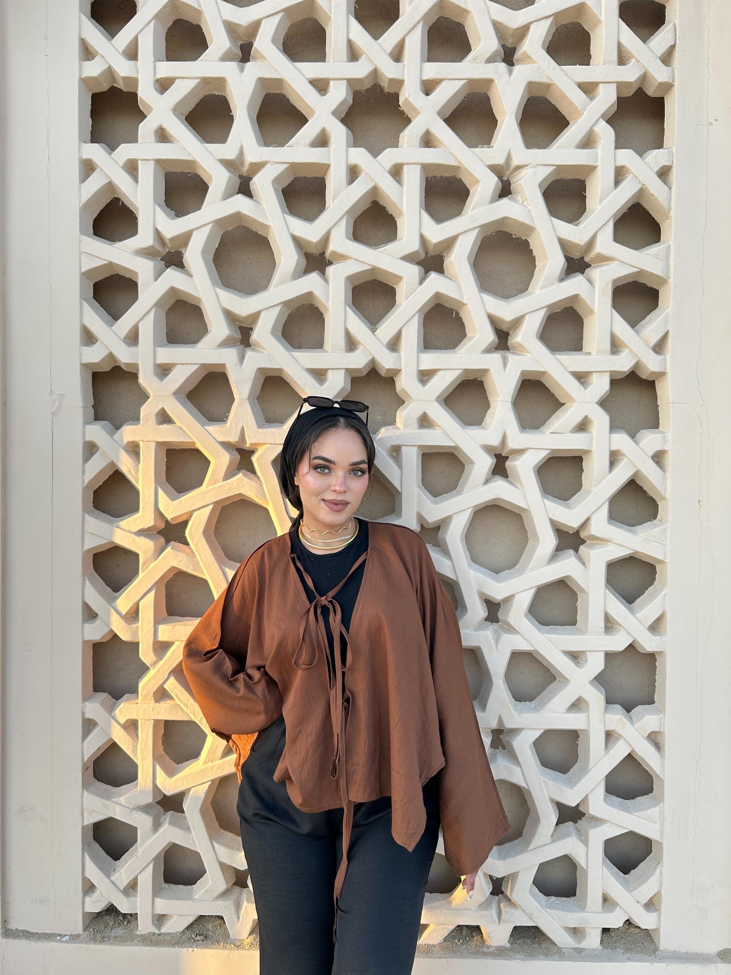 Flowy Kimono Top with Tie Front – Soft Caramel Brown