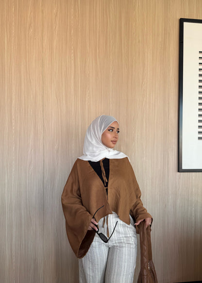 Flowy Kimono Top with Tie Front – Soft Caramel Brown