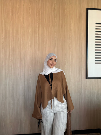 Flowy Kimono Top with Tie Front – Soft Caramel Brown