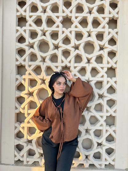 Flowy Kimono Top with Tie Front – Soft Caramel Brown