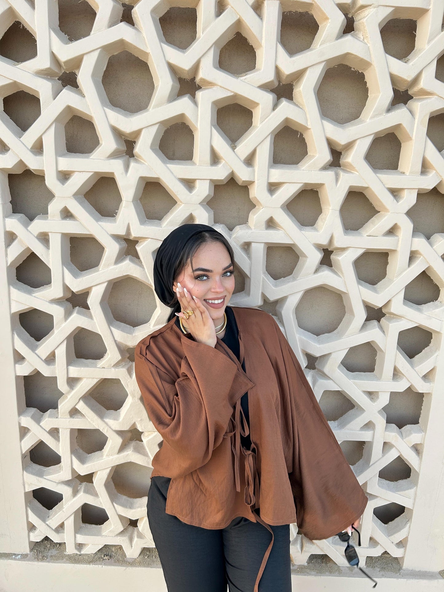 Flowy Kimono Top with Tie Front – Soft Caramel Brown